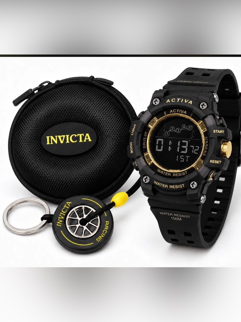 Invicta Activa 50mm Digital Watch Black Gold Case Racing Lanyard & Keychain New